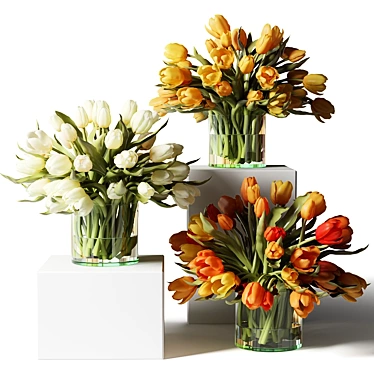 Colorful Tulip Bouquet in Glass Vases 3D model image 1 