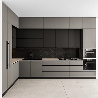 Sleek Gray and Black Kitchen 3D model image 1 