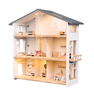 Nordic Style Three-story Dollhouse with Light 3D model image 1 