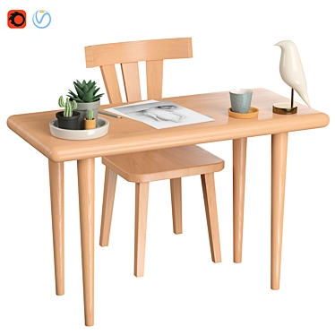 Wooden Table Set: Stylish and Functional 3D model image 1 