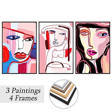 3-Piece Wall Paintings Set with Frame Options 3D model image 1 