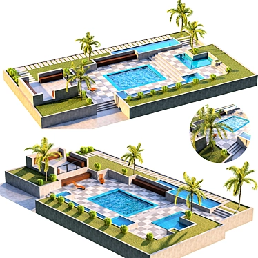 Exquisite Backyard Oasis: Pool, Palm Trees & Sun Chair 3D model image 1 