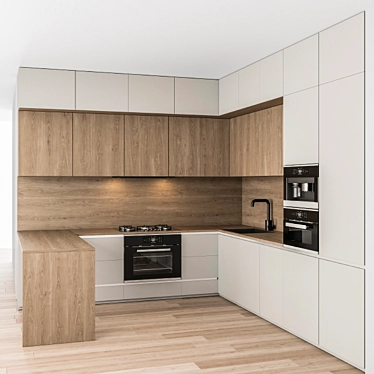 Sleek White & Wood 51: Modern Kitchen 3D model image 1 