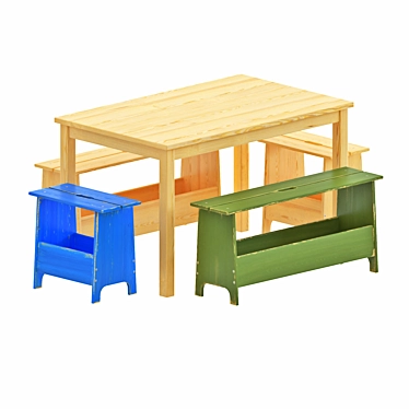 IKEA Pine Table & Storage Bench 3D model image 1 