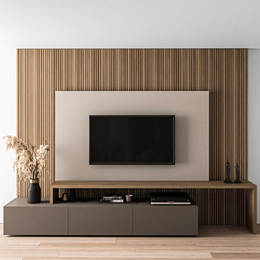 Modern Black and Wood TV Wall 3D model image 1 