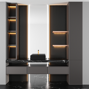 Complete Bathroom Set with Sink, Mirror, Wardrobe, Shelf, and Tiles 3D model image 1 