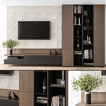 Modern Concrete and Wood TV Wall 3D model image 1 