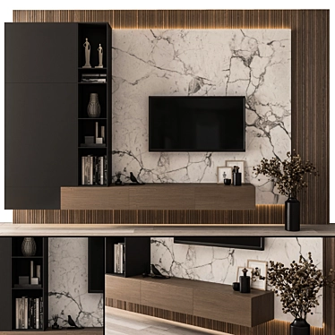 Modern Black Wood TV Wall 3D model image 1 