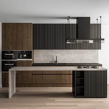 Sleek Black and Wood Kitchen 3D model image 1 