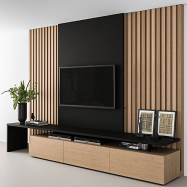Sleek Black Wood TV Wall 3D model image 1 