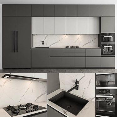 Sleek Black & Gray Marble Kitchen 3D model image 1 