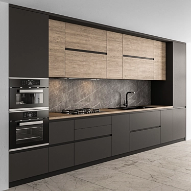 Sleek Black and Wood Kitchen 3D model image 1 