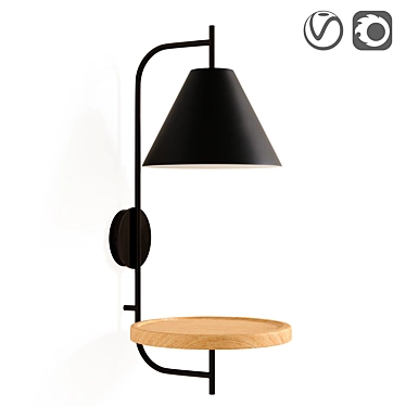 Industrial Wall Lamp with Metal and Wood Shelf 3D model image 1 