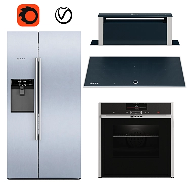 Neff N90 Appliance Set: Oven, Fridge, Cooktop, Hood 3D model image 1 