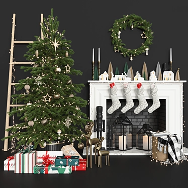Festive Christmas Tree & Fireplace Décor 3D model image 1 