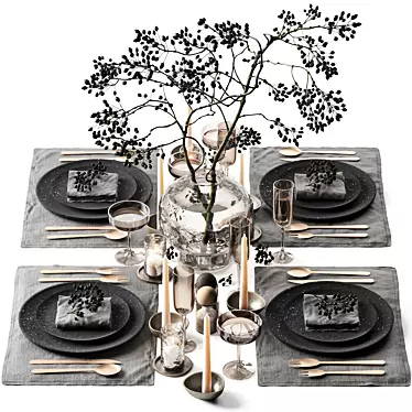 Elegant Tableware Set: Berry Branch, Dark Ceramic, Bronze Candle Holders 3D model image 1 