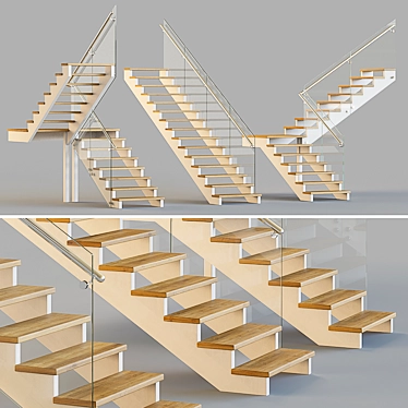 Wooden Stairs with Glass Railings 3D model image 1 