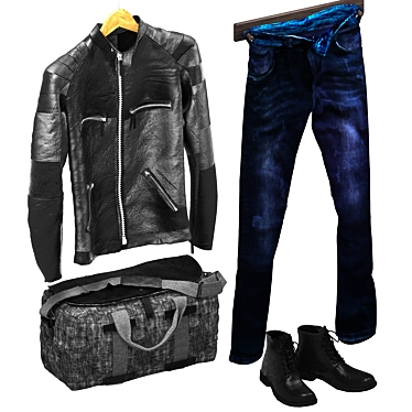 Stylish mens set: jacket, bag, boots, jeans 3D model image 1 