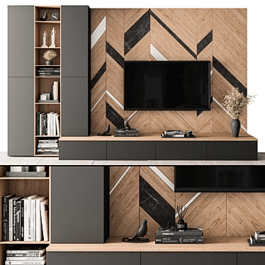 Modern Wood and Black TV Wall 3D model image 1 