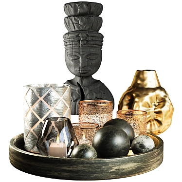 Ethnic decor set. Candles, vase, gold