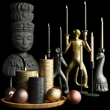 Gold Decor Set: Candle, Candlestick, Figurine 3D model image 1 