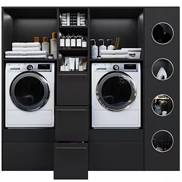 Laundry room 4. Washing machine, cosmetics, wardrobe, towel, household chemicals, accessories