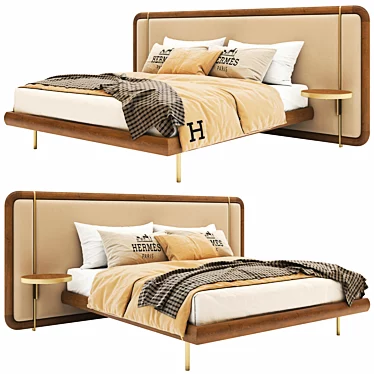 Modern Wooden Bed with Canaletta Walnut Frame and Upholstered Headboard 3D model image 1 