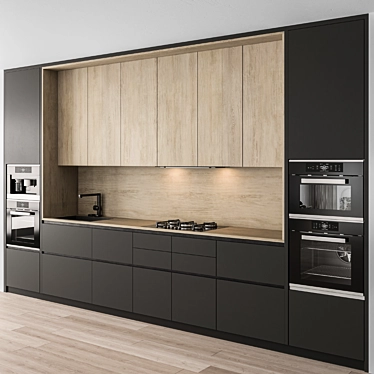 Sleek Black and Wood Kitchen 3D model image 1 