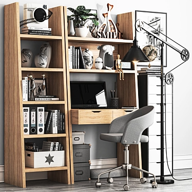 Versatile Workplace Set: Desk, Shelves, Lamp, Chair, Clock 3D model image 1 