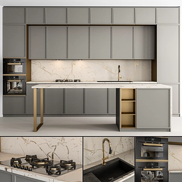 Modern Gray and Gold Kitchen Cabinets 3D model image 1 