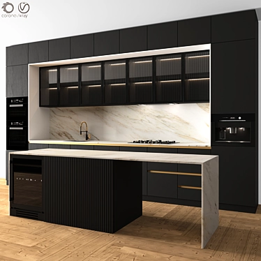 Sleek Black Gold Kitchen Set 3D model image 1 