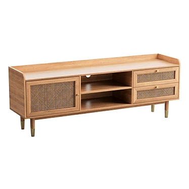 Boho-Chic Wood & Rattan TV Stand 3D model image 1 