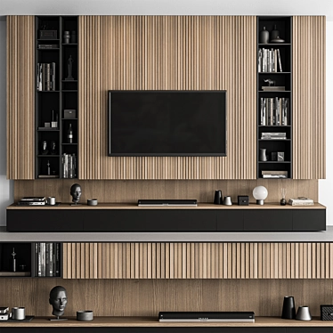 Modern Black Wood TV Wall 3D model image 1 