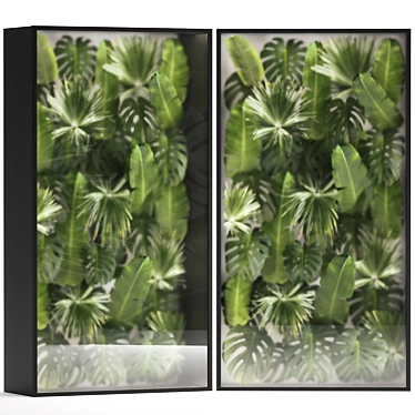 Phytowall and phytobox made of banana palm branches and fan palm leaves in a niche behind a translucent stack. 70.