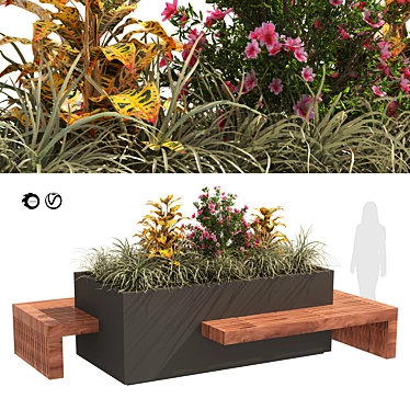 Modern Floral Wood Bench Planter 3D model image 1 