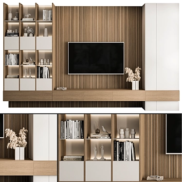 Modern White Wood TV Wall 3D model image 1 