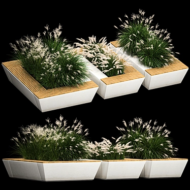 Urban Greenery Collection: Concrete Bench with Ornamental Grasses 3D model image 1 