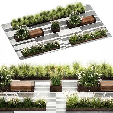 Urban Garden Bench with Rusty Metal and Ornamental Grasses 3D model image 1 