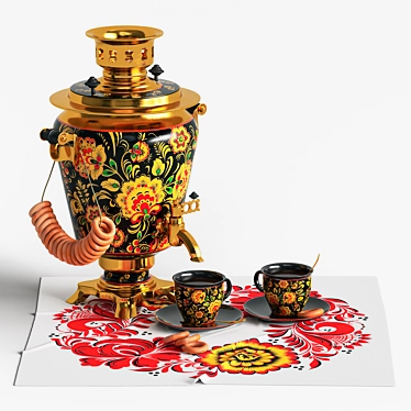 Hand-Painted Samovar Set with Hohloma Design 3D model image 1 