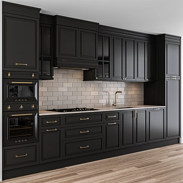 Modern Elegance: Black Gold Kitchen 3D model image 1 