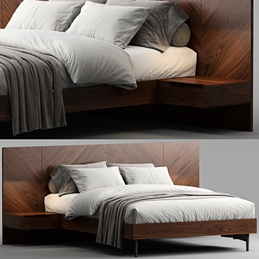 Modern Walnut Queen Bed Set 3D model image 1 