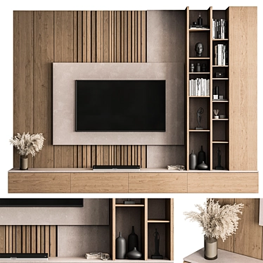 Modern Concrete Wood TV Wall 3D model image 1 