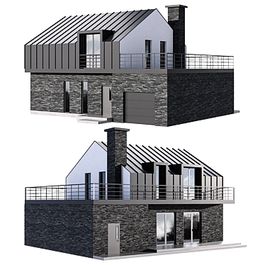 Modern Stone House with Garage, Mansard, & Terrace 3D model image 1 