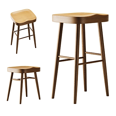 Ash Wood Stool Set 3D model image 1 