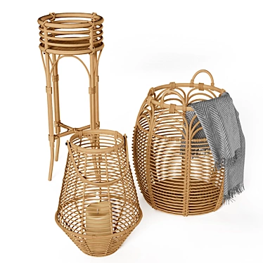 Rattan Basket Set with Stand 3D model image 1 