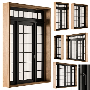 Rustic Wood Metal Windows Set 3D model image 1 