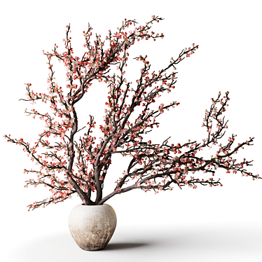 Pink Blossom Branches in Clay Vase 3D model image 1 