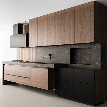 Sleek Wood & Black Kitchen 3D model image 1 