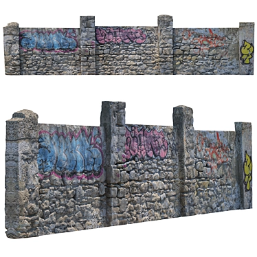 Modular Stone Fence with Graffiti 3D model image 1 