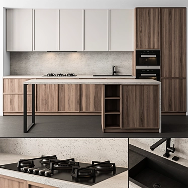 Wood & White Modern Kitchen 3D model image 1 